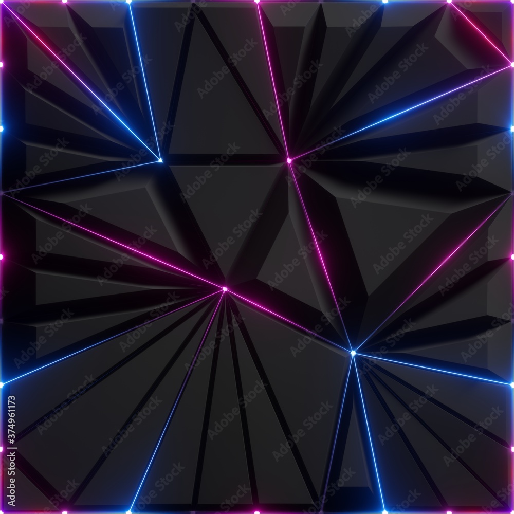 Naklejka 3d render, abstract black faceted background, pink blue glowing neon lines, modern fashion wallpaper, split mosaic texture, geometric grid structure