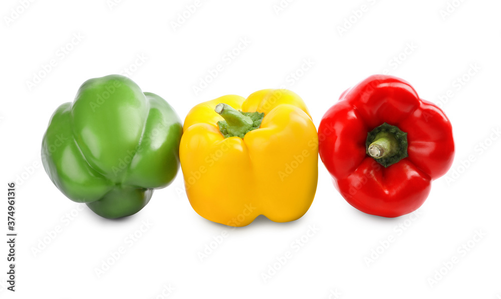 Fresh ripe colorful bell peppers isolated on white Fresh ripe colorful bell peppers isolated on white