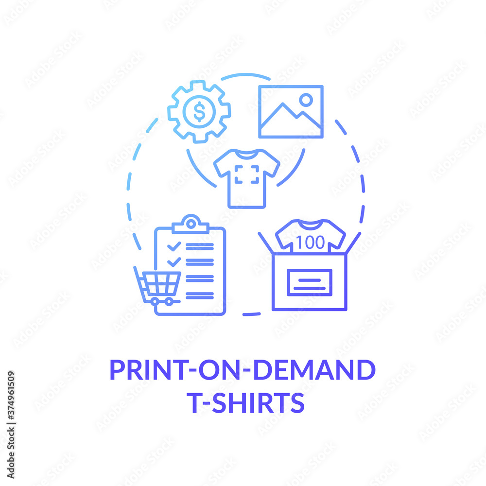 Print on demand T shirts concept icon. Fashion marketplace, online business idea thin line illustration. Customizable clothing service. Vector isolated outline RGB color drawing Print on demand T shirts concept icon. Fashion marketplace, online business idea thin line illustration. Customizable clothing service. Vector isolated outline RGB color drawing
