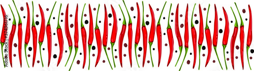 A long white rectangle with a picture of hot chili peppers and black allspice peas. Banner, site header, image for menu design, flyers, printing. Vector drawing.