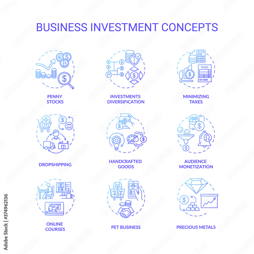 Business investment concept icons set. Financial management, economic literacy idea thin line RGB color illustrations. Investment types and tips. Vector isolated outline drawings