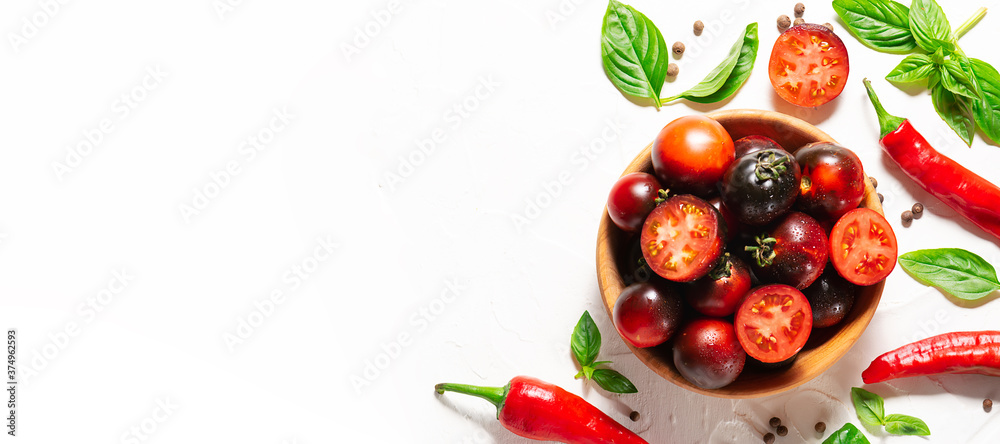 Creative flat lay overhead of bright ripe vegetables and herbs on white background. Long banner format. Template culinary blog social media. Cook book cover. Creative flat lay overhead of bright ripe vegetables and herbs on white background. Long banner format. Template culinary blog social media. Cook book cover.