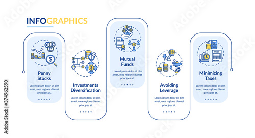 Business investment tips vector infographic template. Capital management presentation design elements. Data visualization with five steps. Process timeline chart. Workflow layout with linear icons