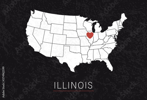 Love Illinois Picture. Map of United States with Heart as City Point. Vector Stock Illustration