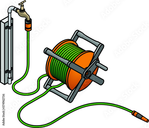 A garden hose reel and a brass tap.