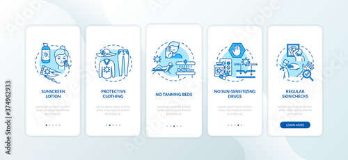 Skin cancer prevention onboarding mobile app page screen with concepts. Protective clothing. Walkthrough 5 steps graphic instructions. UI vector template with RGB color illustrations