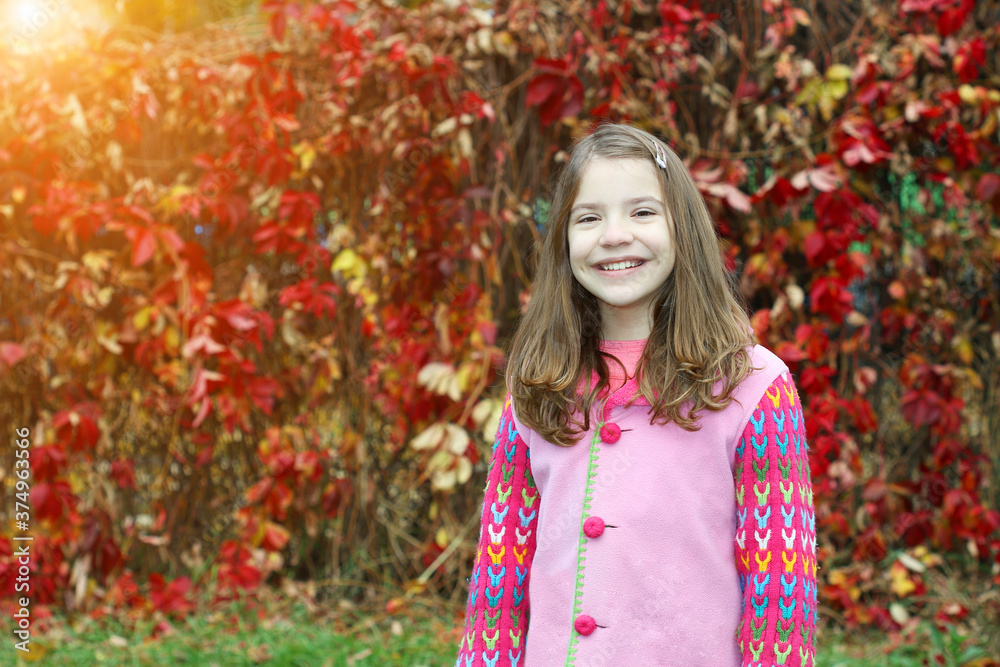 happy little girl portrait in park autumn season