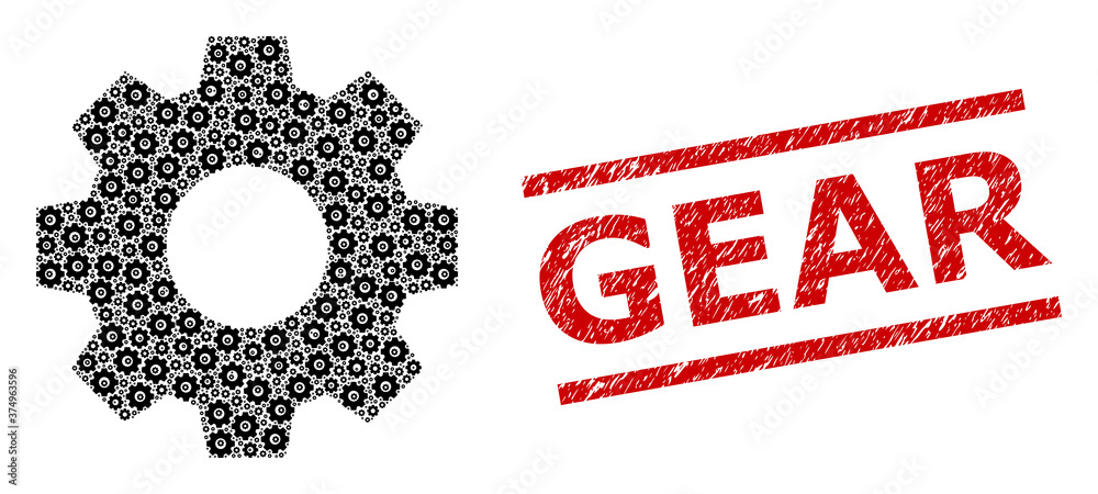 Recursion collage gear and Gear grunge stamp print. Vector collage is ...