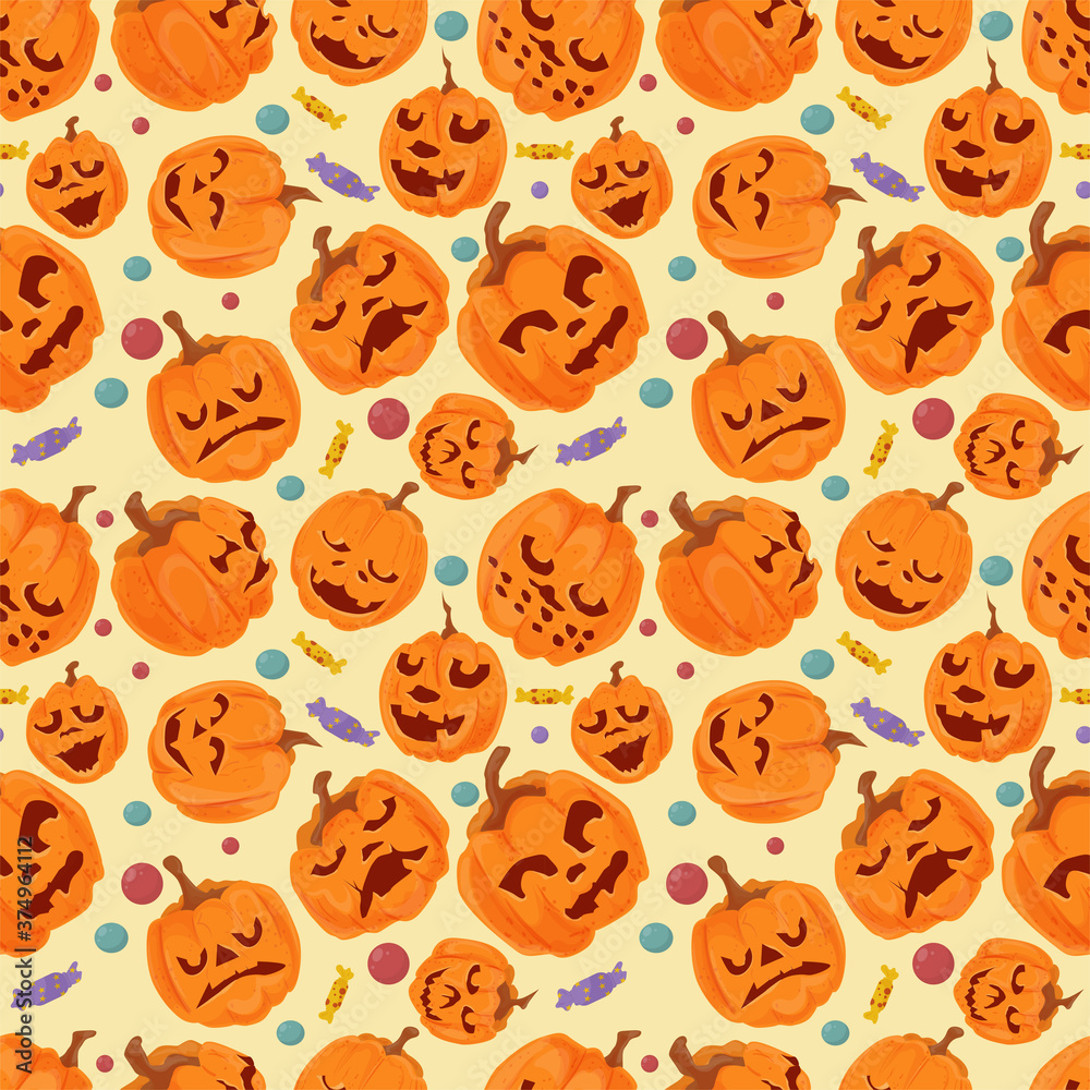 seamless pattern for decoration design for the holiday all saints eve Halloween Different emotions pumpkins flat vector illustration seamless pattern for decoration design for the holiday all saints eve Halloween Different emotions pumpkins flat vector illustration