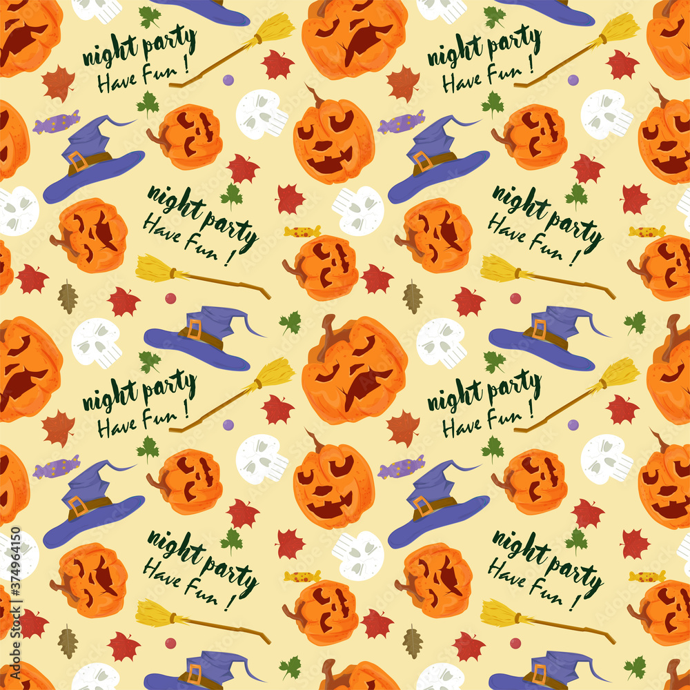 Fototapeta premium seamless pattern for holiday design all saints eve Halloween pumpkin hats witches broom flat vector illustration