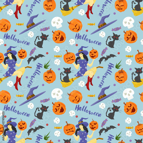 seamless design pattern for all saints eve Halloween Witch flying on a broom black cat pumpkins and lettering flat vector illustration