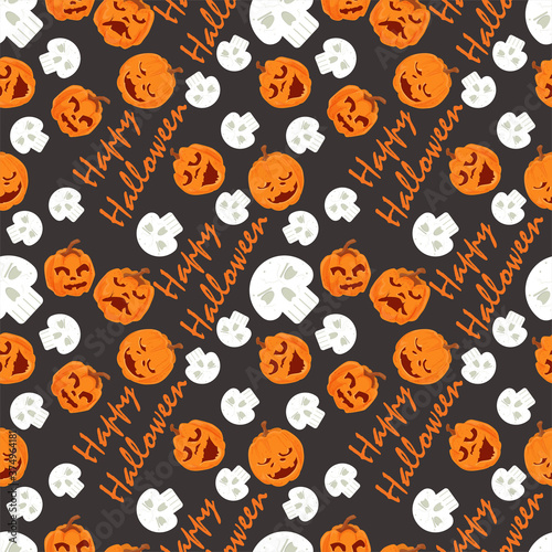 seamless pattern for holiday design all saints eve Halloween Pumpkins skulls and lettering flat vector illustration