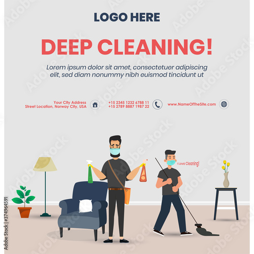 Two cleaners doing deep cleaning of a home post for facebook and instagram. Deep cleaning of house or home by two janitors sweeping and dusting of a room with sofa and plants. Cleaning facebook post