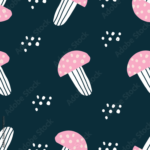 hand drawn Pink and navy blue seamless repeat cute doodle mushroom vector seamless pattern with dots. 