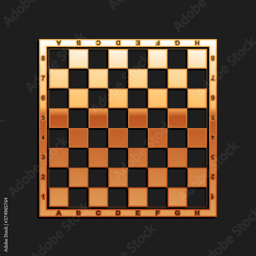 Gold Chess board icon isolated on black background. Ancient Intellectual board game. Long shadow style. Vector.