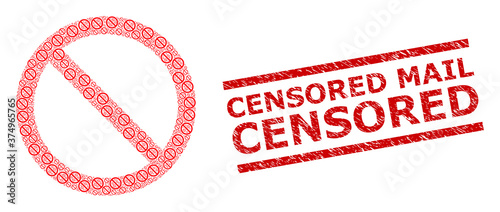 Recursion collage not allowed and Censored Mail textured stamp seal. Vector collage is formed with recursive not allowed parts. Stamp seal includes Censored Mail caption between parallel lines.