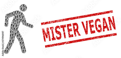 Recursion composition pedestrian and Mister Vegan grunge stamp seal. Vector collage is formed from recursive pedestrian icons. Stamp seal includes Mister Vegan tag between parallel lines.