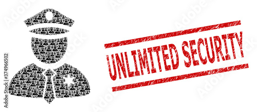 Fractal mosaic police guy and Unlimited Security grunge stamp seal. Vector mosaic is organized of recursive police guy parts. Stamp includes Unlimited Security text between parallel lines.