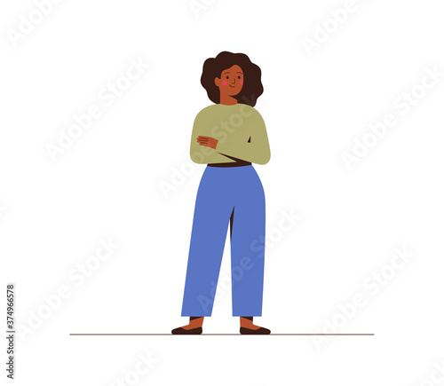 Successful young dark skin businesswoman crossed hands. Confident black girl in casual clothes full-body view. Flat vector illustration isolated on white. Self acceptance and confidence concept.