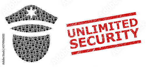 Recursive mosaic police head and Unlimited Security grunge stamp imitation. Vector collage is organized with recursive police head items.
