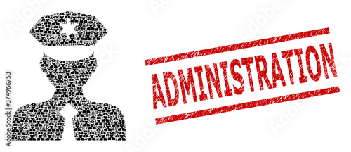 Fractal collage police officer and Administration rubber stamp seal. Vector collage is designed from scattered police officer parts. Stamp seal includes Administration title between parallel lines.