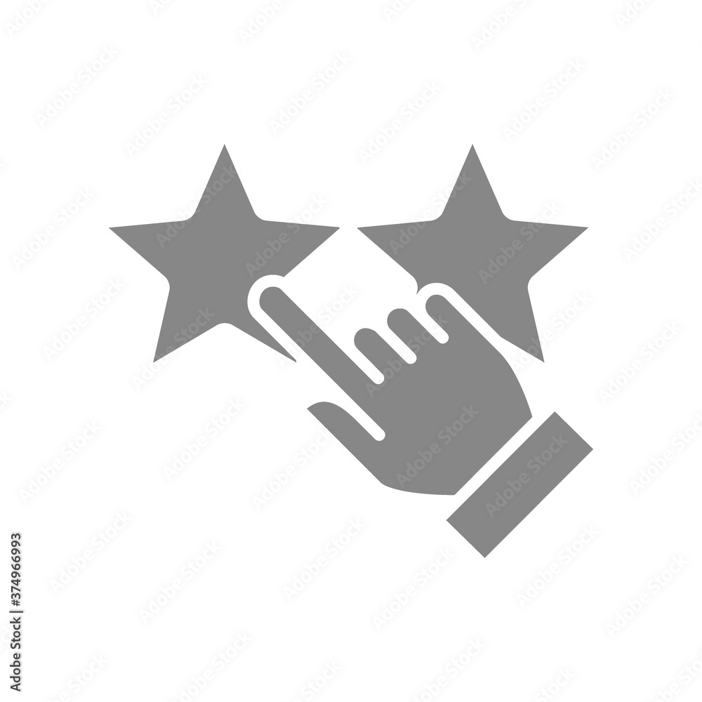 Hand puts two stars rating grey icon. Customer satisfaction symbol. Hand puts two stars rating grey icon. Customer satisfaction symbol.