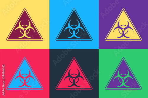 Pop art Triangle sign with Biohazard symbol icon isolated on color background. Vector.