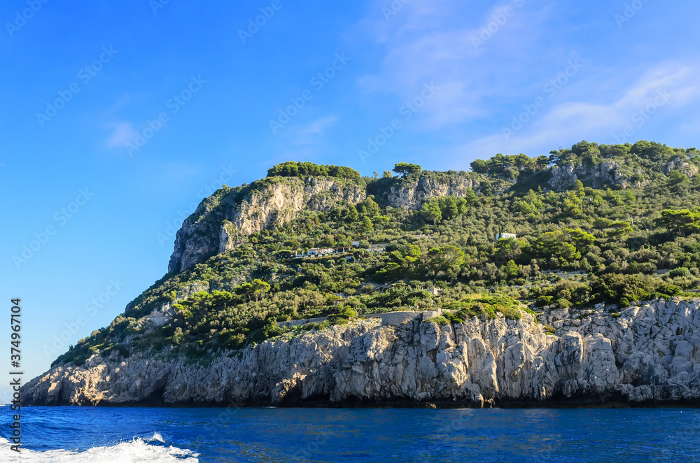 Magnificent landscapes of the island of Capri from the sea.