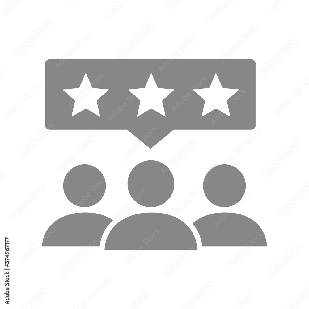 People with stars in chat bubble grey icon. Client satisfaction, happy customers symbol. People with stars in chat bubble grey icon. Client satisfaction, happy customers symbol.