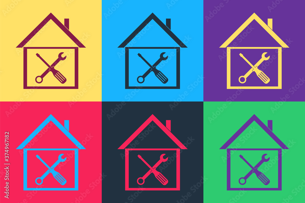 Pop art House or home with screwdriver and wrench icon isolated on color background. Adjusting, service, setting, maintenance, repair, fixing. Vector.