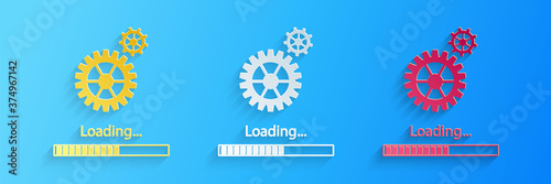 Paper cut Loading and gear icon isolated on blue background. Progress bar icon. System software update. Loading process symbol. Paper art style. Vector.