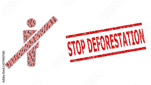 Recursion mosaic remove man and Stop Deforestation corroded stamp imitation. Vector mosaic is composed of randomized remove man elements. Stamp includes Stop Deforestation text between parallel lines.
