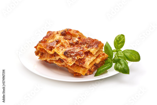 Lasagna, Traditional homemade italian dish, isolated on white background
