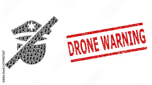 Recursive mosaic restricted police and Drone Warning textured stamp. Vector mosaic is created with scattered restricted police items. Stamp includes Drone Warning caption between parallel lines.