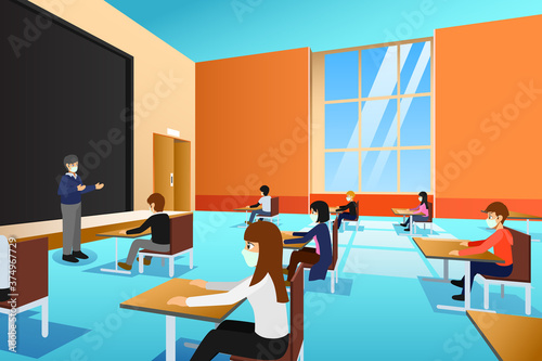 College Students Wearing Masks During Lecture Vector Illustration
