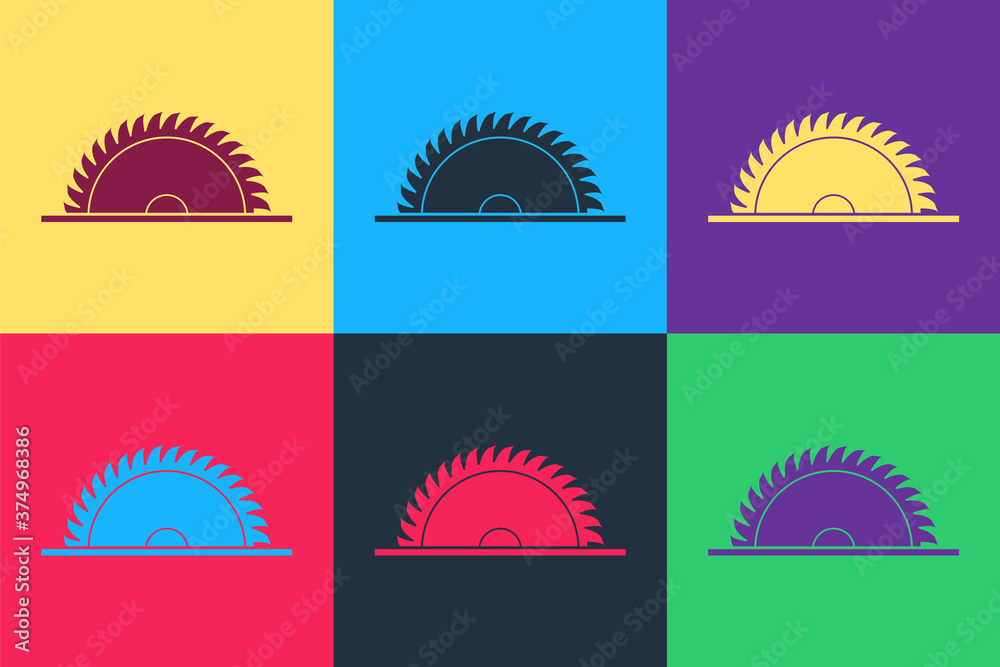 Pop art Circular saw blade icon isolated on color background. Saw wheel. Vector. Pop art Circular saw blade icon isolated on color background. Saw wheel. Vector.