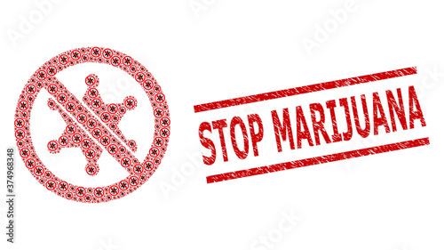 Recursive collage stop sheriff star and Stop Marijuana corroded stamp. Vector collage is made from randomized stop sheriff star items. Stamp includes Stop Marijuana caption between parallel lines.