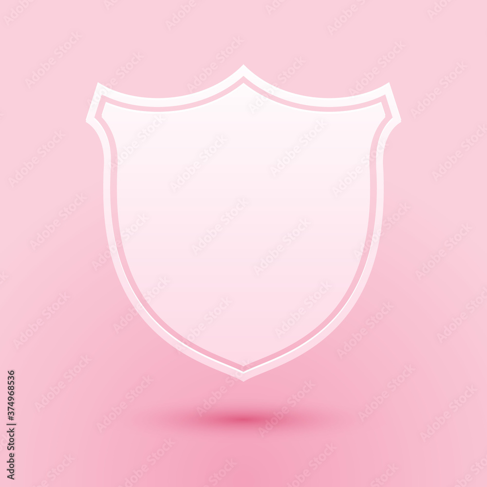 Paper cut Shield security icon isolated on pink background. Protection, safety, security concept. Firewall access privacy sign. Paper art style. Vector.