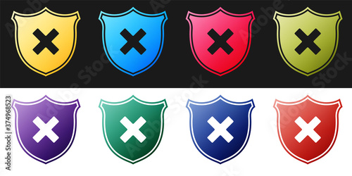 Set Shield and cross x mark icon isolated on black and white background. Denied disapproved sign. Protection, safety, security concept. Vector.