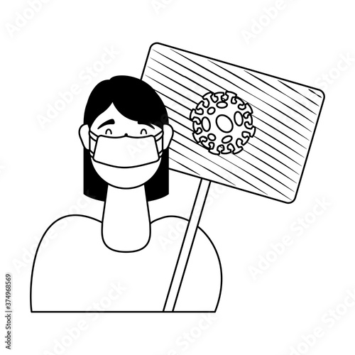 woman wearing medical mask with covid19 protest banner