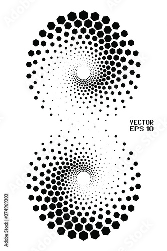 Abstract Black and White Geometric Pattern with Hexagons. Spiral-like Spotted Tunnel. Contrasty Halftone Optical Psychedelic Illusion. Vector. 3D Illustration