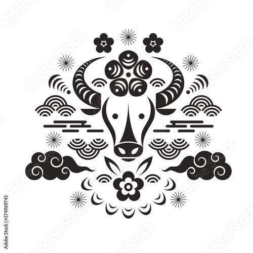 Black and white Greeting card. Chinese Happy new year. Year of the bull. Head of the bull and floral decor elements, chinese ornaments in monohrome.