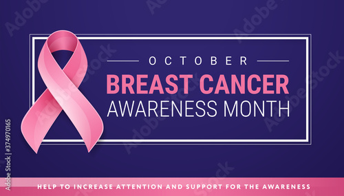 Breast Cancer Awareness banner design template - pink breast cancer ribbon, text 'Breast Cancer Awareness Month' on dark blue background - vector