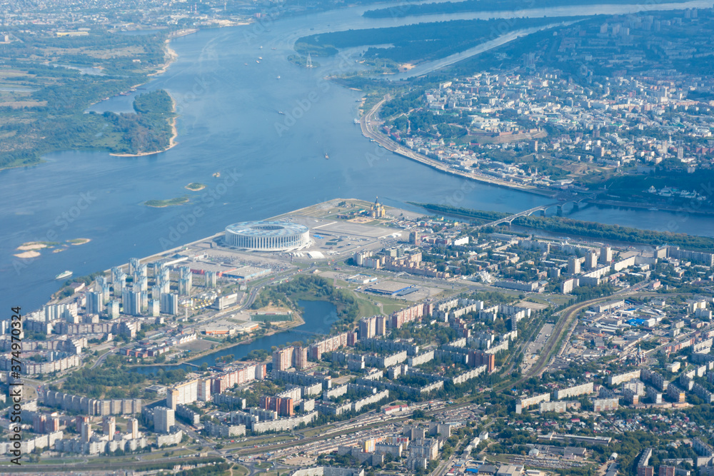 Fototapeta premium View of Nizhny Novgorod from the plane window