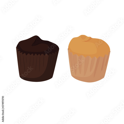 White and chocolate dough bun illustration. Delicious and fresh cupcake.
Birthday cupcake. A set of muffins with various fillings. Vector illustration.