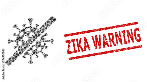 Recursion mosaic no covid virus and Zika Warning rubber stamp. Vector mosaic is designed of random no covid virus icons. Stamp includes Zika Warning title between parallel lines.
