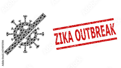Recursive composition no flu virus and Zika Outbreak rubber stamp imitation. Vector mosaic is done from recursive no flu virus icons. Stamp includes Zika Outbreak text between parallel lines.