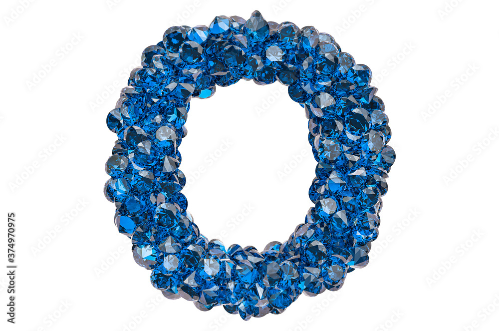 Obraz premium Letter O from blue diamonds or sapphires with brilliant cut. 3D rendering