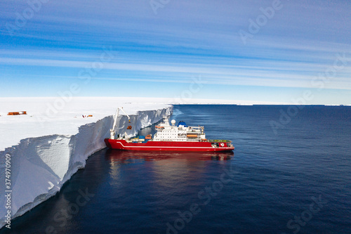 Aerial view of ship in Antarctica photo