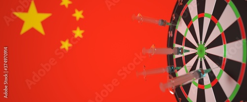 Syringes with a vaccine hit target near the Chinese flag. Successful medical research and vaccination in China. Conceptual 3D rendering